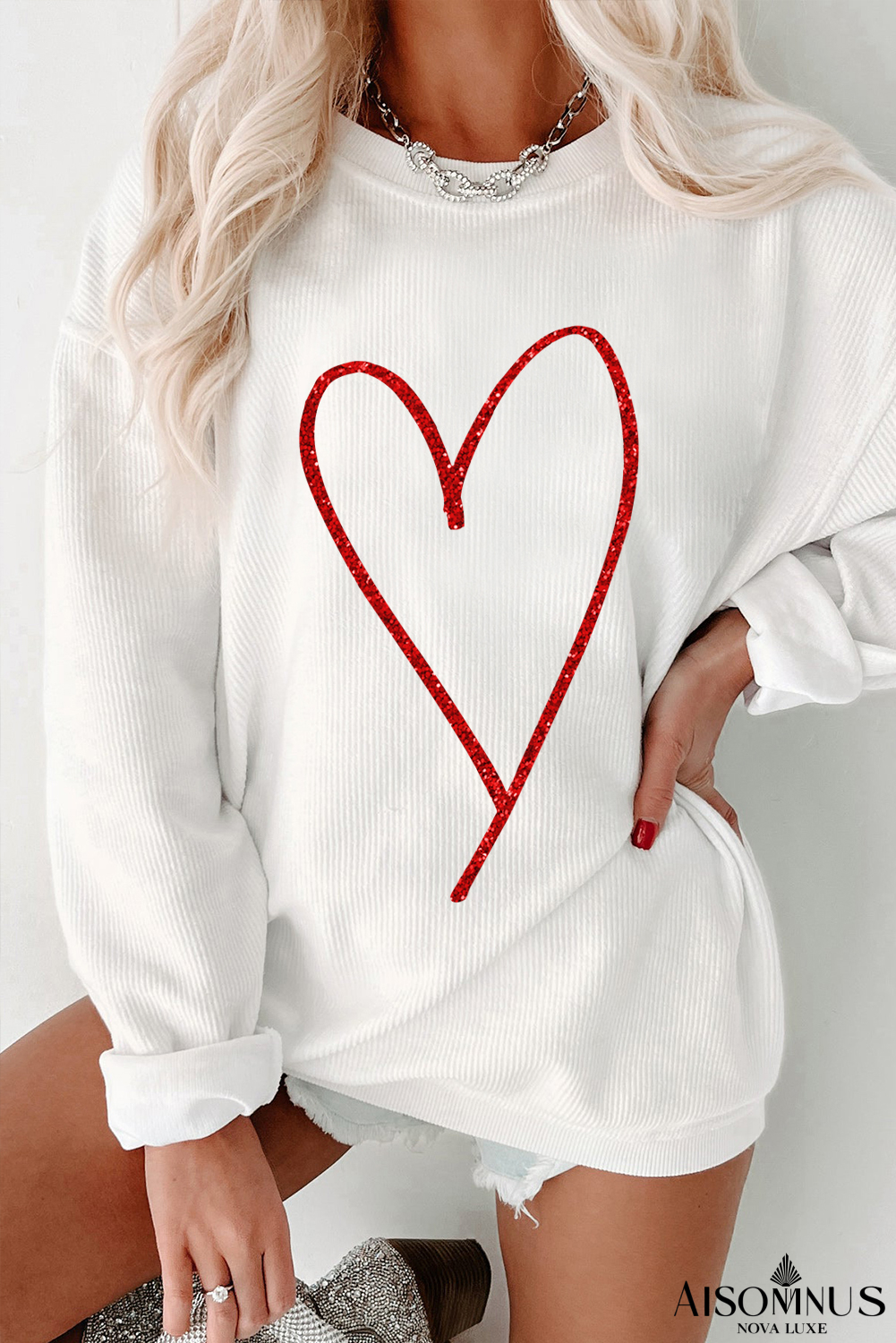 White Glitter Heart Print Corded Graphic Pullover Sweatshirt