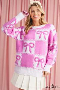 Pink Sweet Bow Two Tone Checkered Sweater