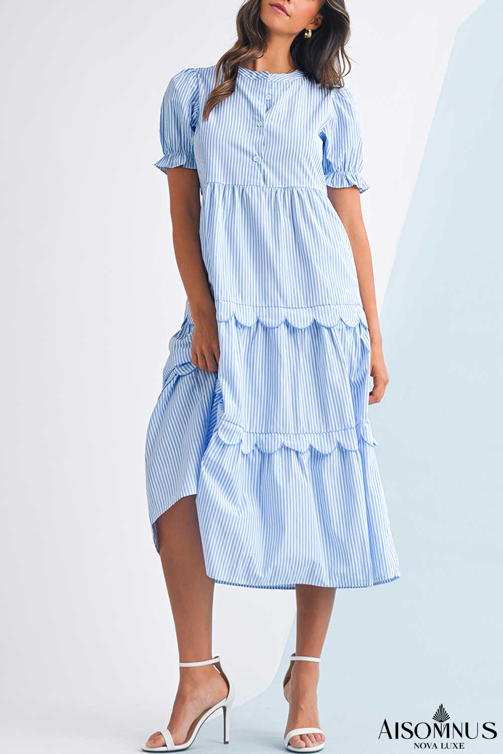 Sky Blue Stripe Bubble Sleeve Scallop Tiered Dress