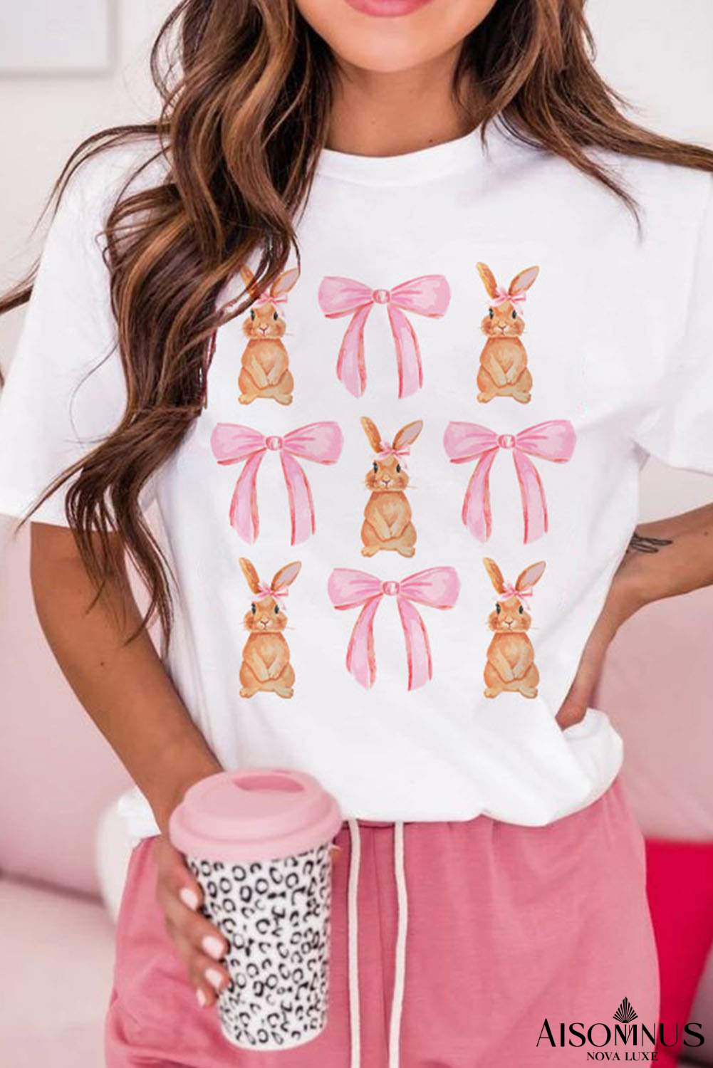 White Rabbit Bow Knot Graphic Crew Neck T Shirt