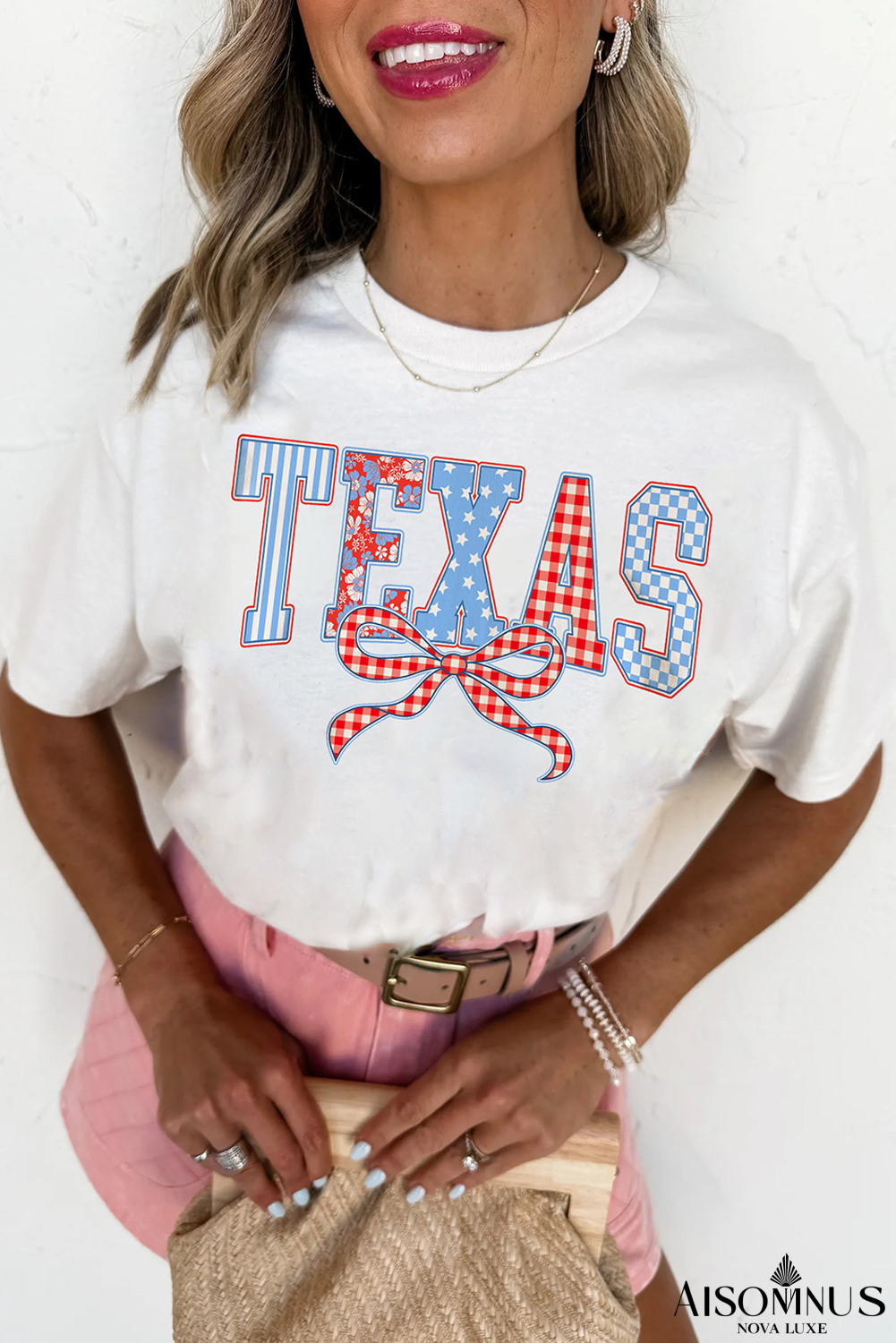 White TEXAS Bow Printed Crewneck T Shirt