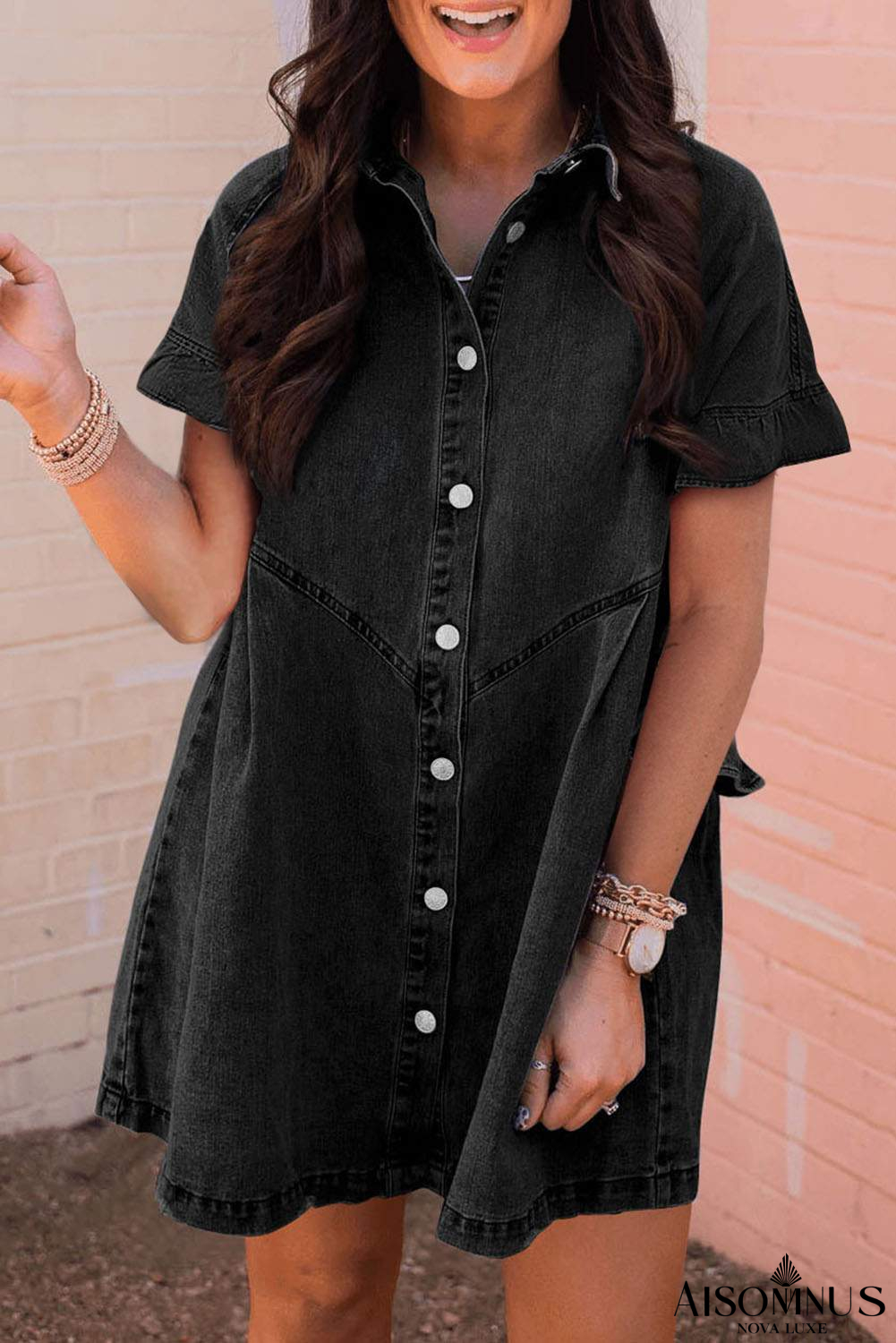 Black Short Sleeve Button Up Loose Denim Shirt Dress