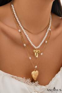 Gold Heart Pendant Pearl Chain Multi Layer Necklace