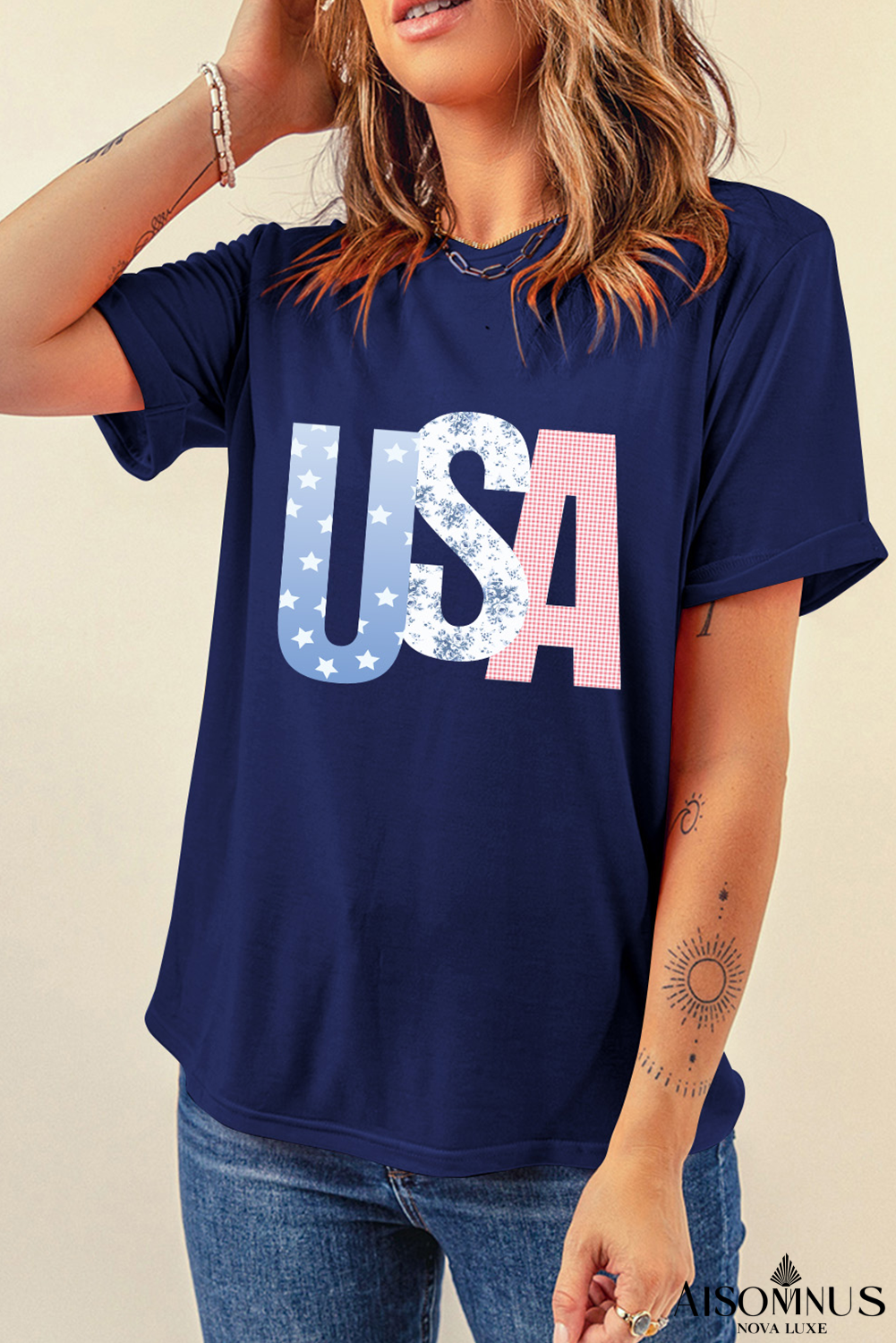 Blue USA Graphic July 4th Crew Neck T Shirt