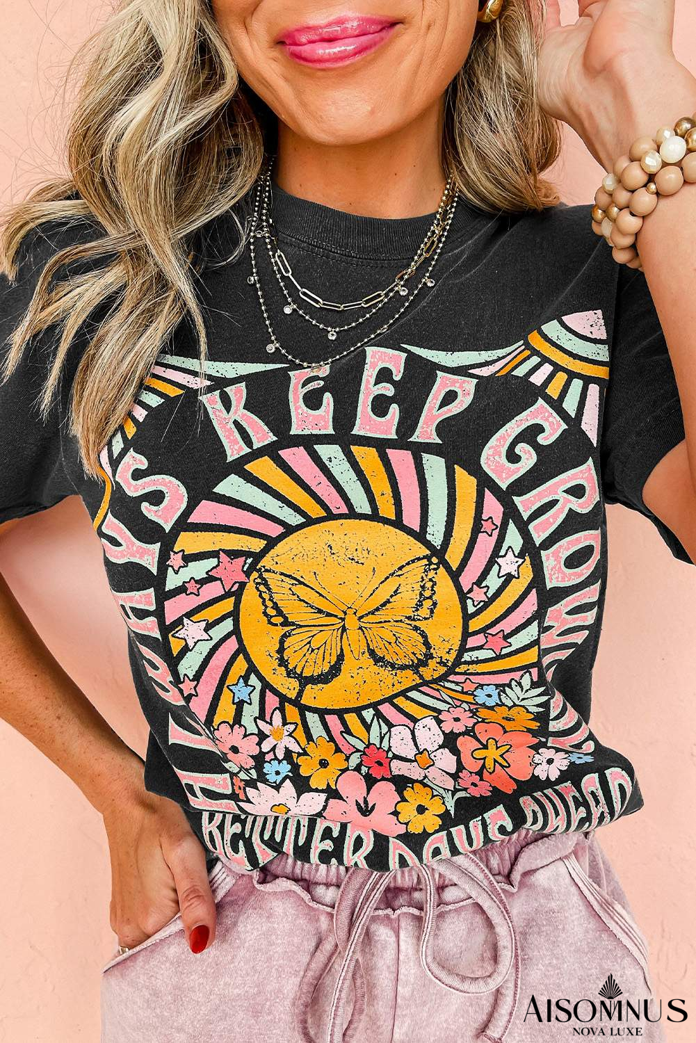 Black Always Keep Growing Butterfly Flower Graphic Tee