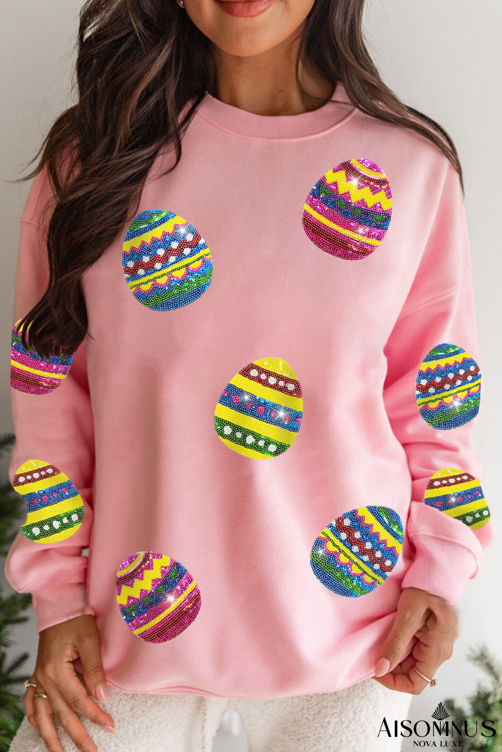 Pink Easter Sequin Egg Graphic Crew Neck Sweatshirt