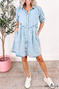 Blue Mineral Washed Ruffled Short Sleeve Pocketed Denim Dress
