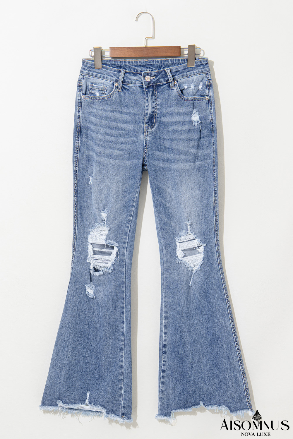 Dusk Blue High Rise Ripped Distressed Hem Flared Jeans