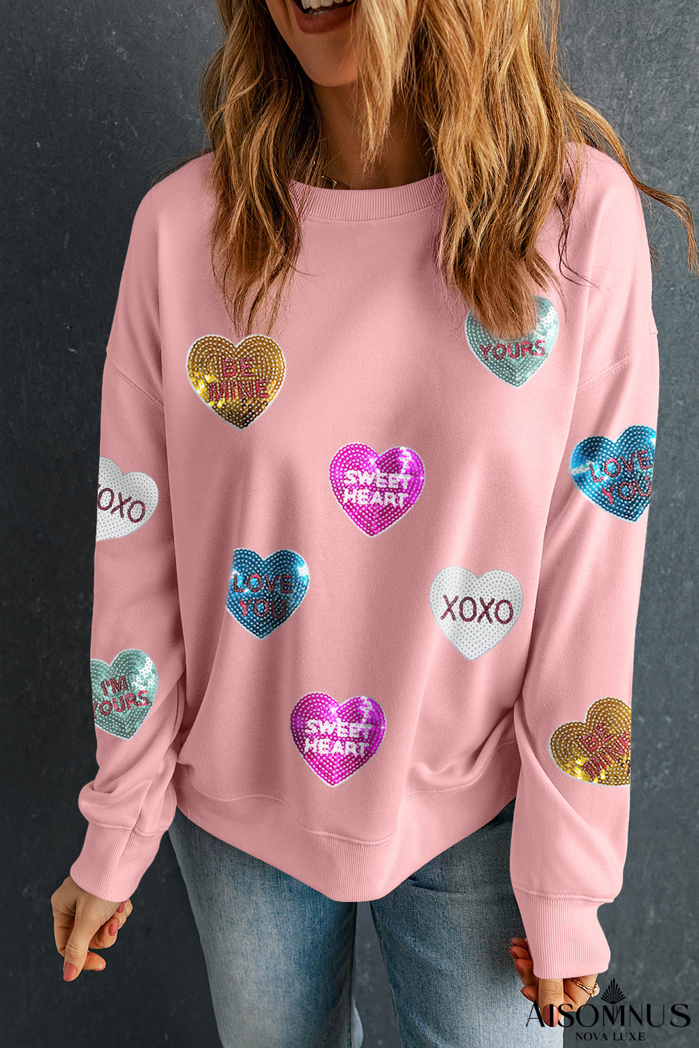 Pink Sequin Romantic Sweet Heart Graphic Valentines Sweatshirt