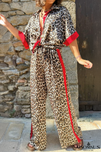 Multicolor Leopard Print Color Block Short Sleeve Shirt and Pants Set