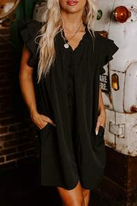 Black Frilled V Neck Pleated Ruffled Sleeve Mini Dress