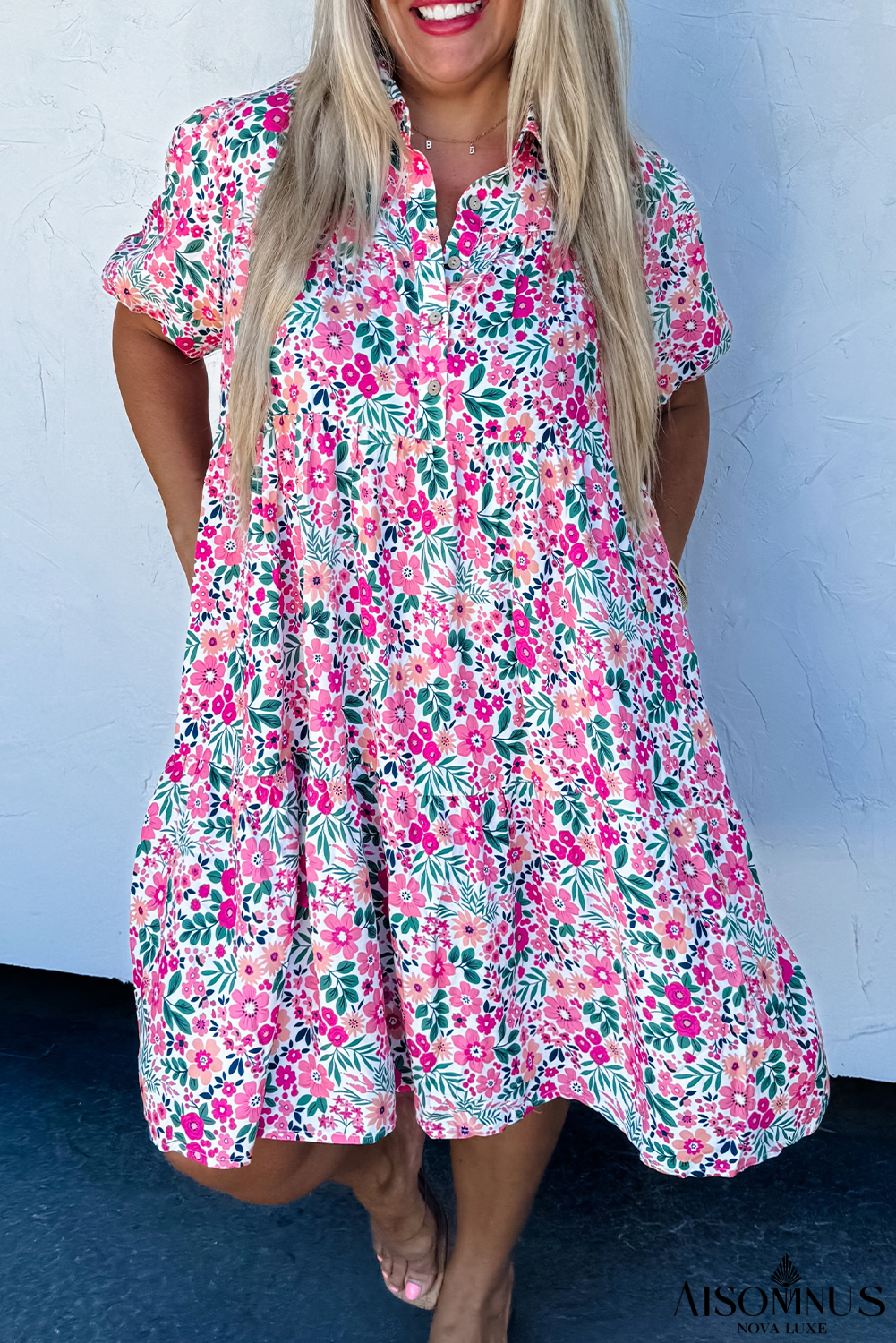 Pink Plus Size Floral Half Button Puff Sleeve A Line Dress
