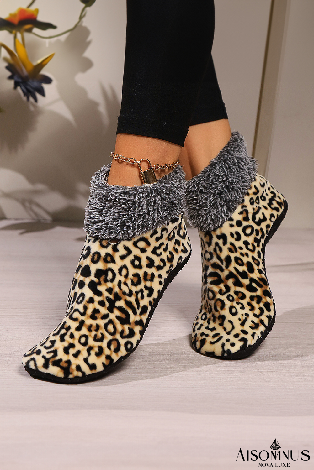 Beige Leopard Print Anti Skid Warm Slipper Socks