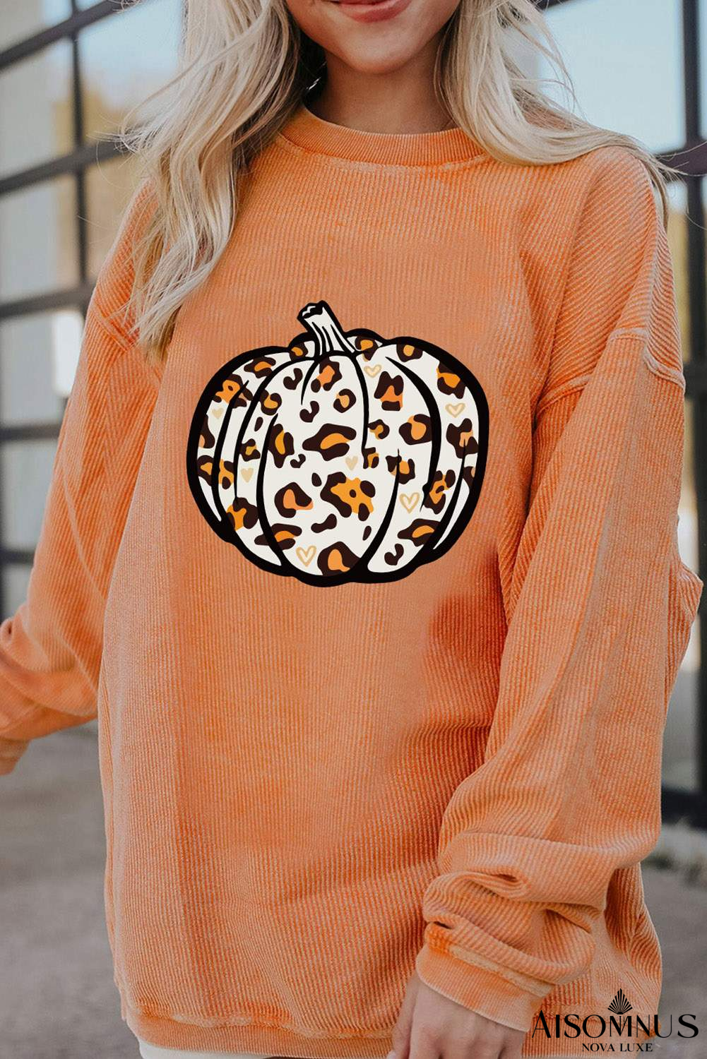 Orange Leopard Pumpkin Graphic Corded Sweatshirt