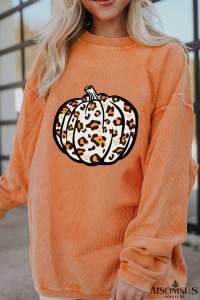 Orange Leopard Pumpkin Graphic Corded Sweatshirt