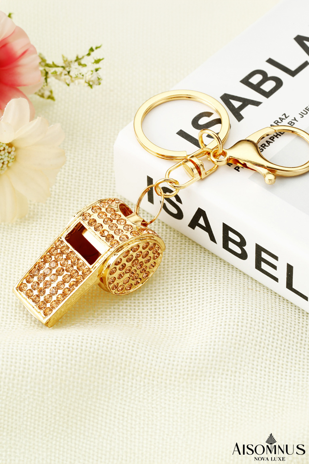 Gold Rhinestone Whistle Pendant Alloy Keychain