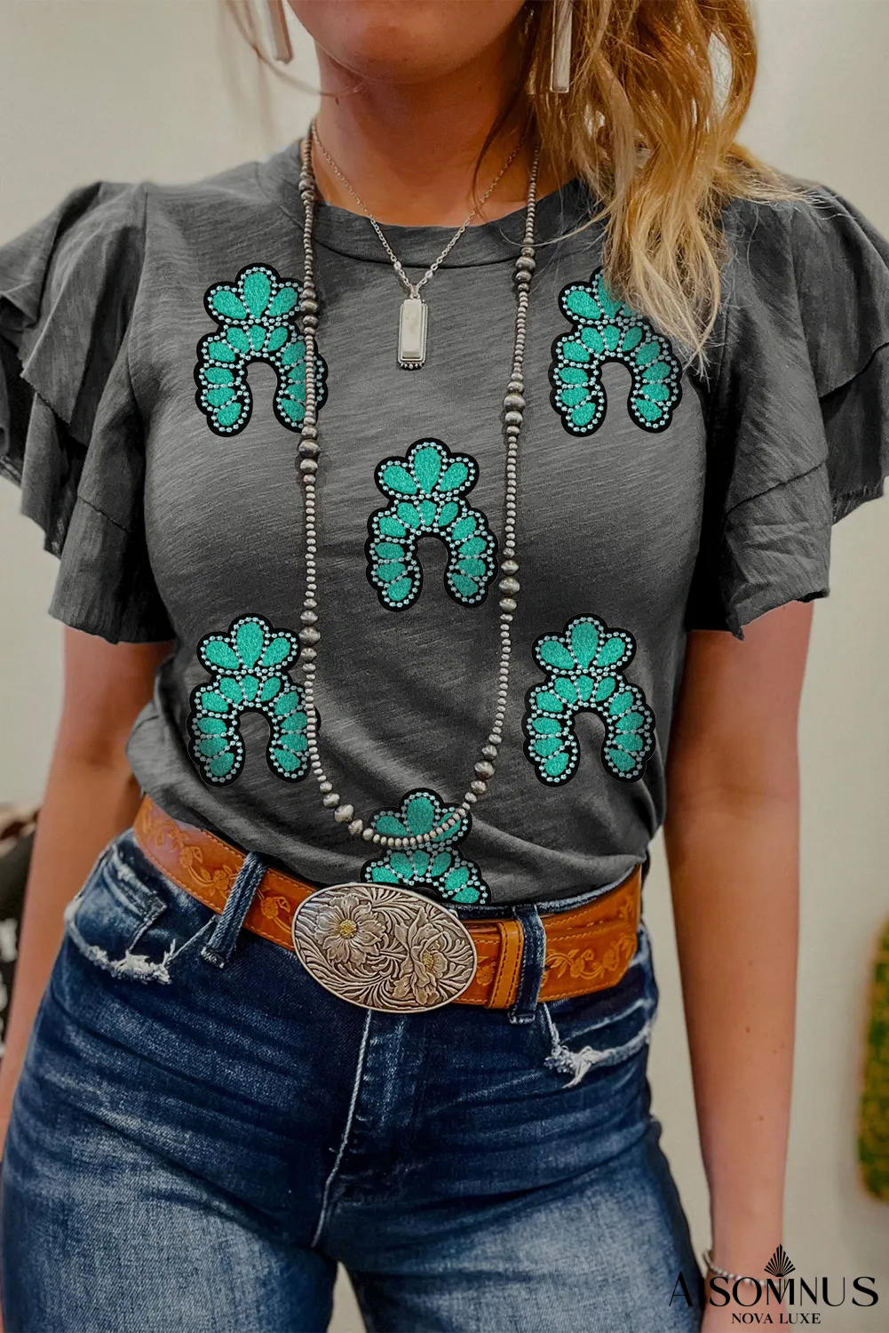 Dark Grey Turquoise Pattern Ruffle Sleeve Tee