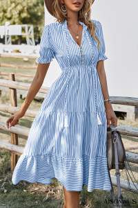 Sky Blue Stripe Button Tie Neck Midi Dress