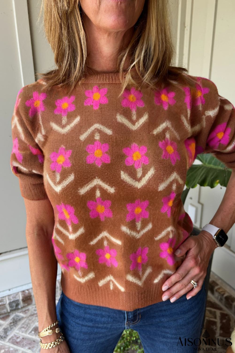Brown Floral Pattern Short Puff Sleeve Sweater