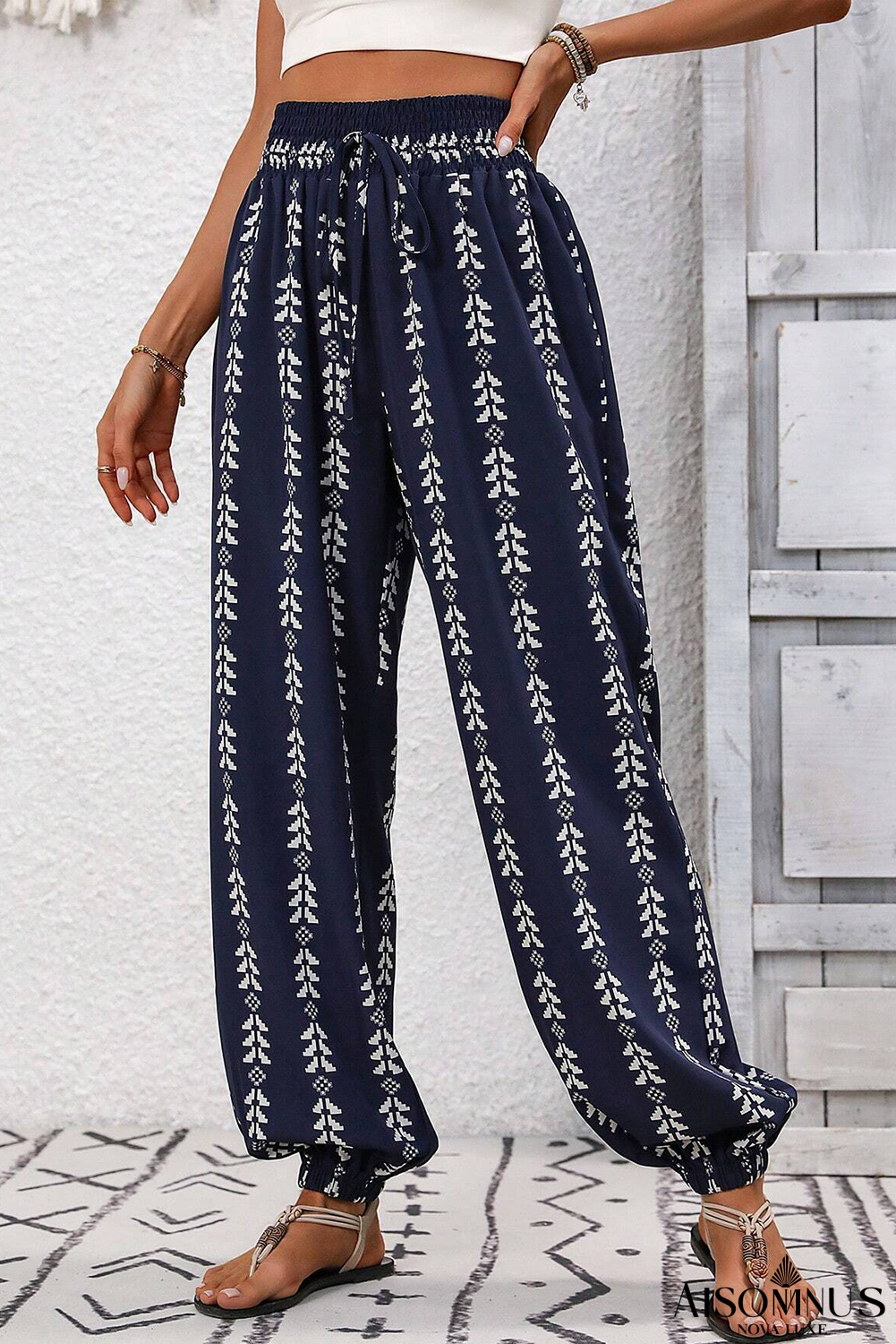 Blue Geometric Print Drawstring High Waist Pants