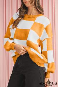 Orange & White Plaid Exposed Seam Bishop Sleeve Sweater
