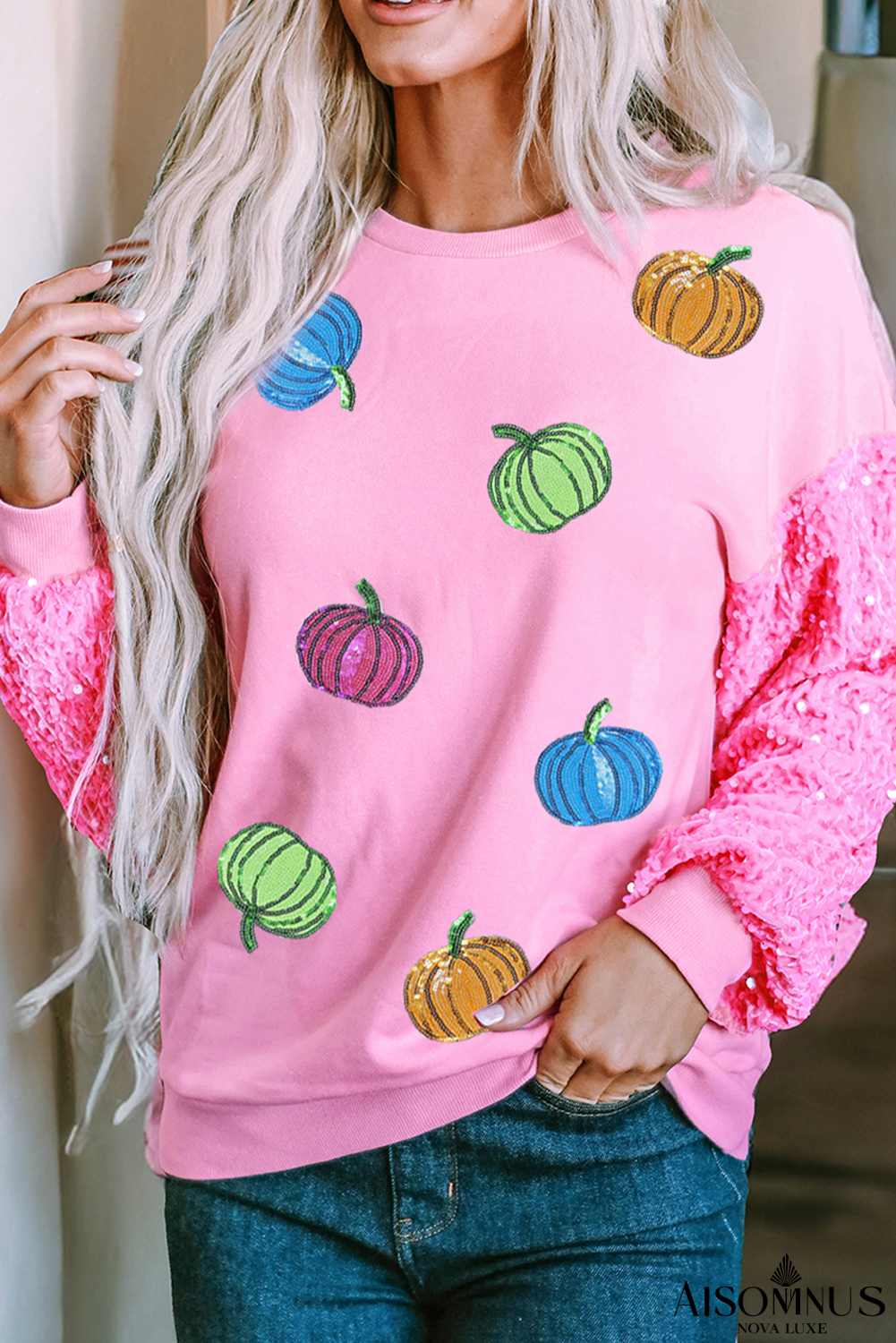 Pink Thanksgiving Halloween Pumpkin Pattern Sequin Sleeve Patchwork Pullover Top