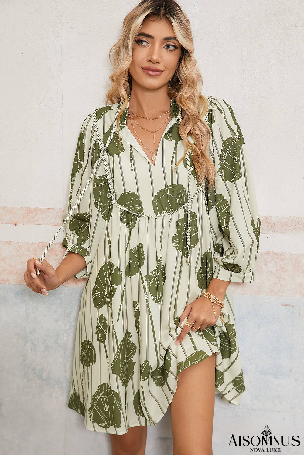 Guacamole Green Abstract Print Striped V-Neck Mini Dress