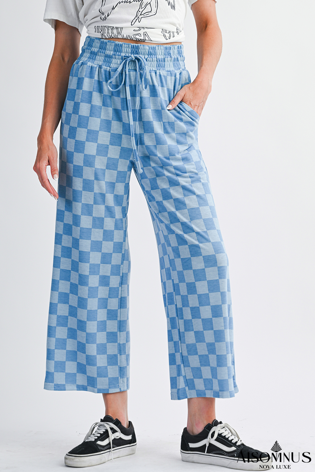 Sky Blue Tie Elastic Waist Checkered Loose Pants
