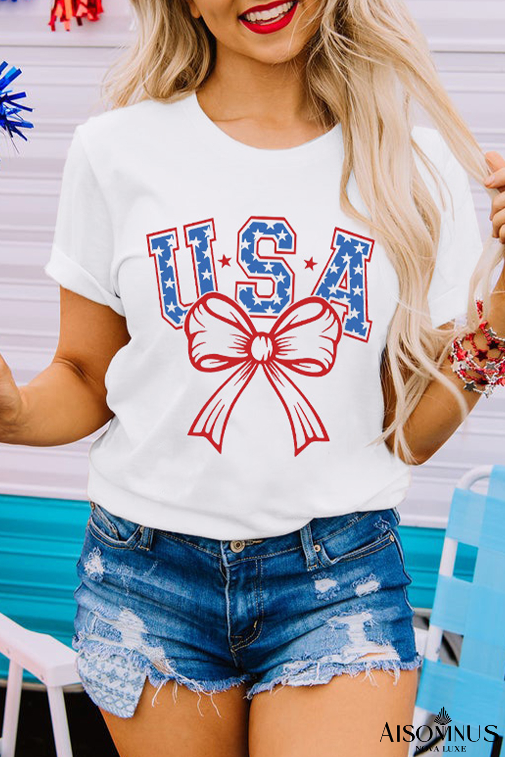 White USA Bow Letter Graphic Tee
