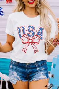 White USA Bow Letter Graphic Tee