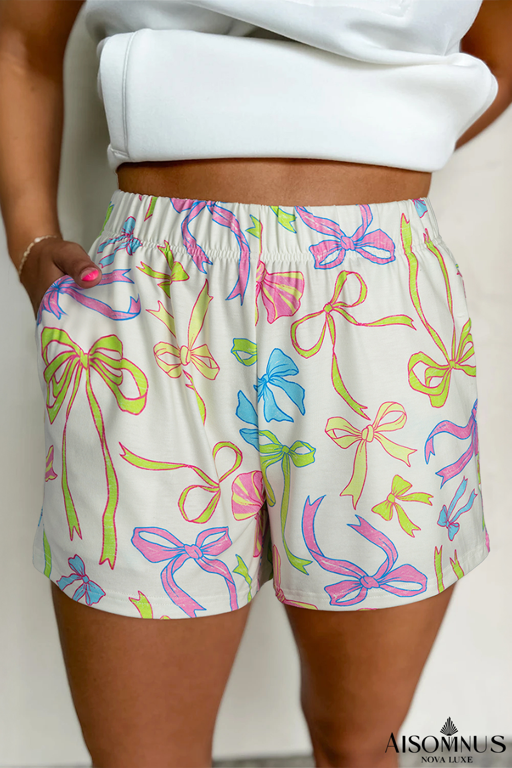 White Colorful Bow Print Pocket Shorts