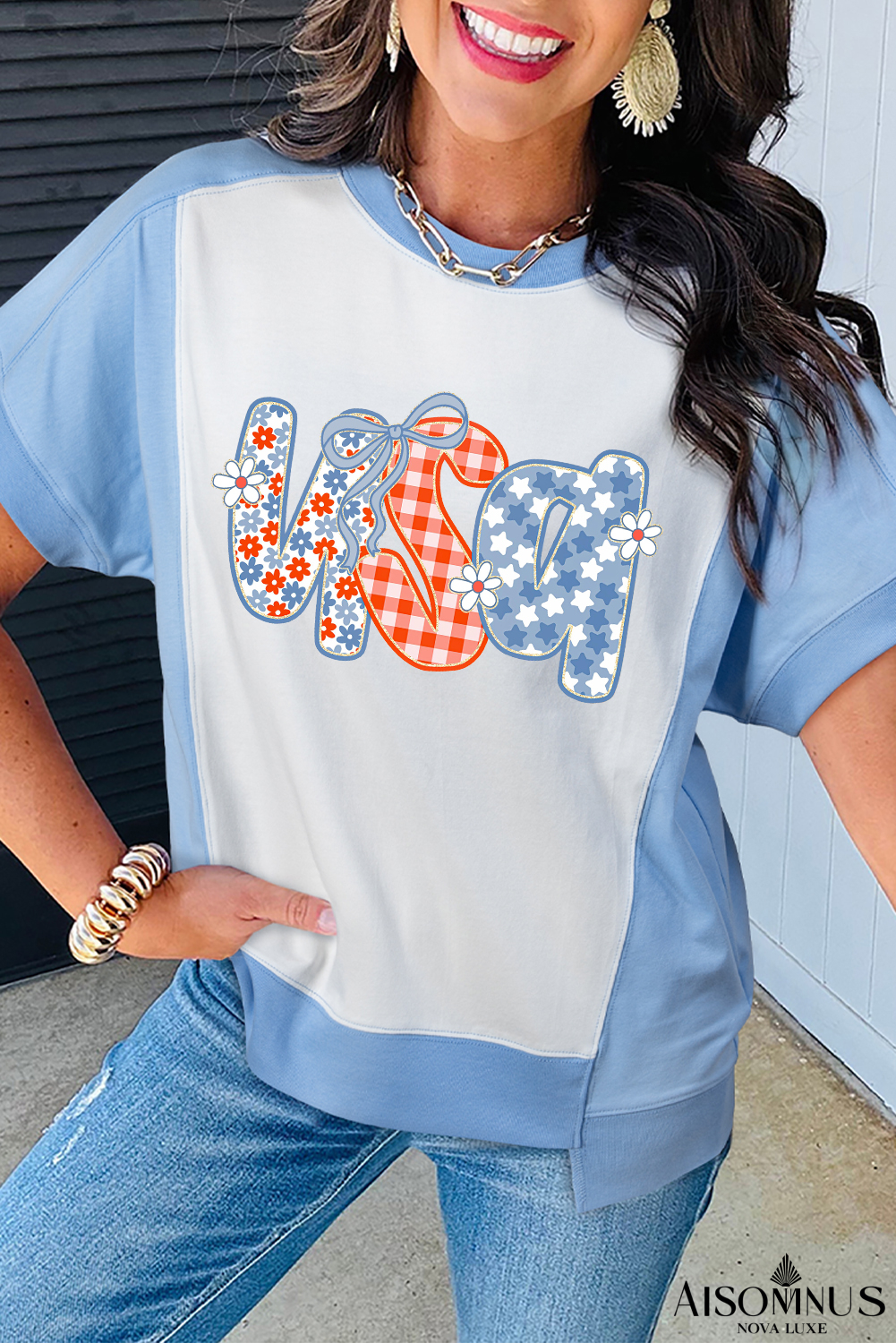 Sky Blue Patriotic USA Letter Color Block Crewneck T Shirt