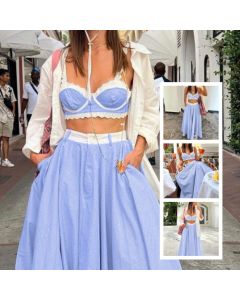 2 Pieces Lace Splicing Sling Vest High Waist Big Swing Skirt Fashion Blue Print Sets Spaghetti Strap Lace Bra And High Waisted Loose Pleated Skirts Sets