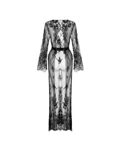 Women Long Sleeve Lace Dress Fashion Solid Sexy Perspective Pajamas Robe Sleepwear Underwear Lingerie Satin Silk Belt Slim