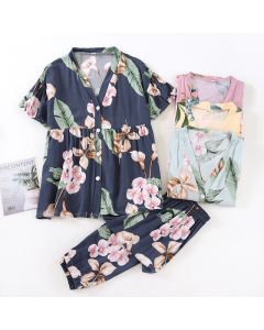 Pajamas Suit Short-sleeved Trousers V-neck Printed Thin Homewear