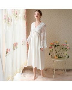 Long-sleeved V-neck Nightdress Embroidered With Cotton Gauze