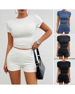 Solid Color Slim Sports Suit Summer 2Pcs Short-sleeved Round Neck T-shirt And Elastic Shorts Fashion Womens Clothing