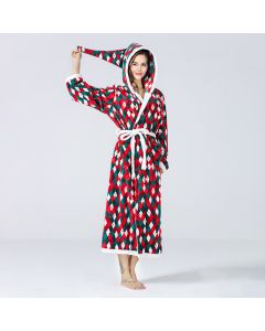 Christmas Sleepwear Women Fleece Hooded Bathrobe Plush Long Robe Winter