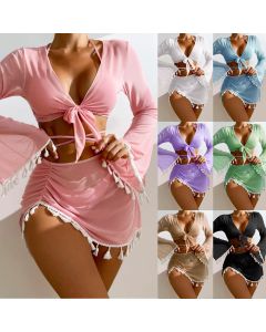 4pcs Solid Color Bikini With Short Skirt And Long Sleeve Cover-up Fashion Bow Tie Fringed Swimsuit Set Summer Beach Womens Clothing