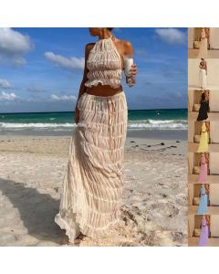 2pcs Women's Dress Suit Sexy Sleeveless Backless Cropped Halter Top And Pleated Long Skirt Beach Clothing