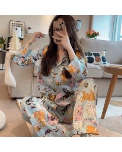 Women's Spring And Summer Cat Cardigan Long-sleeved Pajamas Suit