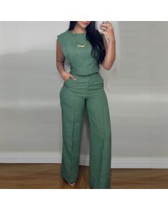 Summer Sleeveless Suit Fashion Round Neck Vest Top And Pocket Straight Pants Casual Trousers Set For Women Clothing