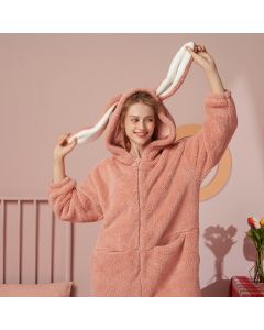 Rabbit Ear Pajamas Ladies One-piece Suit Warm Cartoon Hooded Coral Velvet Home Service Pajamas