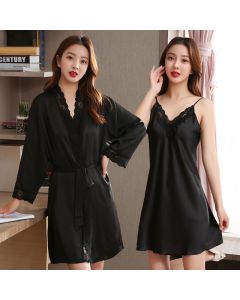 Spring And Autumn Ice Silk Sling Nightdress Nightgown Sexy Silk Pajamas Women Summer Short-Sleeved Two-Piece Suit Long-Sleeved Thin Section