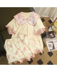 Cute Bunny Doll Collar Printing Short Sleeve Pajamas