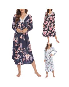 Women's Clothing Dress Printed Lace V-neck Patchwork Long Sleeve Nightdress