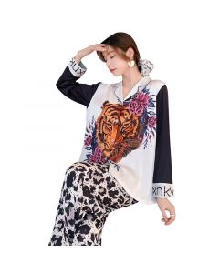 Leopard Tiger Print Ice Silk Pajamas Women's Long-sleeved Trousers Home Service Suit