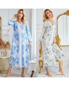 European And American Ladies Homewear Pajamas Long-sleeved Printed Home Pullover Leisure Split Nightdress