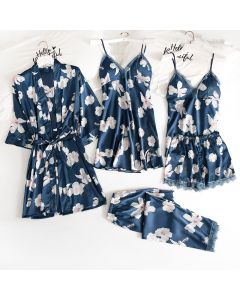 Five-piece summer long-sleeved ice silk nightgown