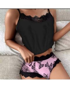 Printed Lace Lace Spaghetti-strap Two-piece Pajamas Women